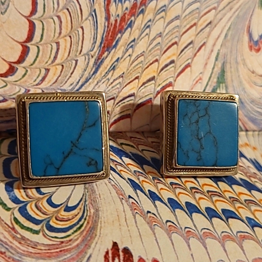 Squared Turquoise and Silver Earrings Signed 925 Vintage